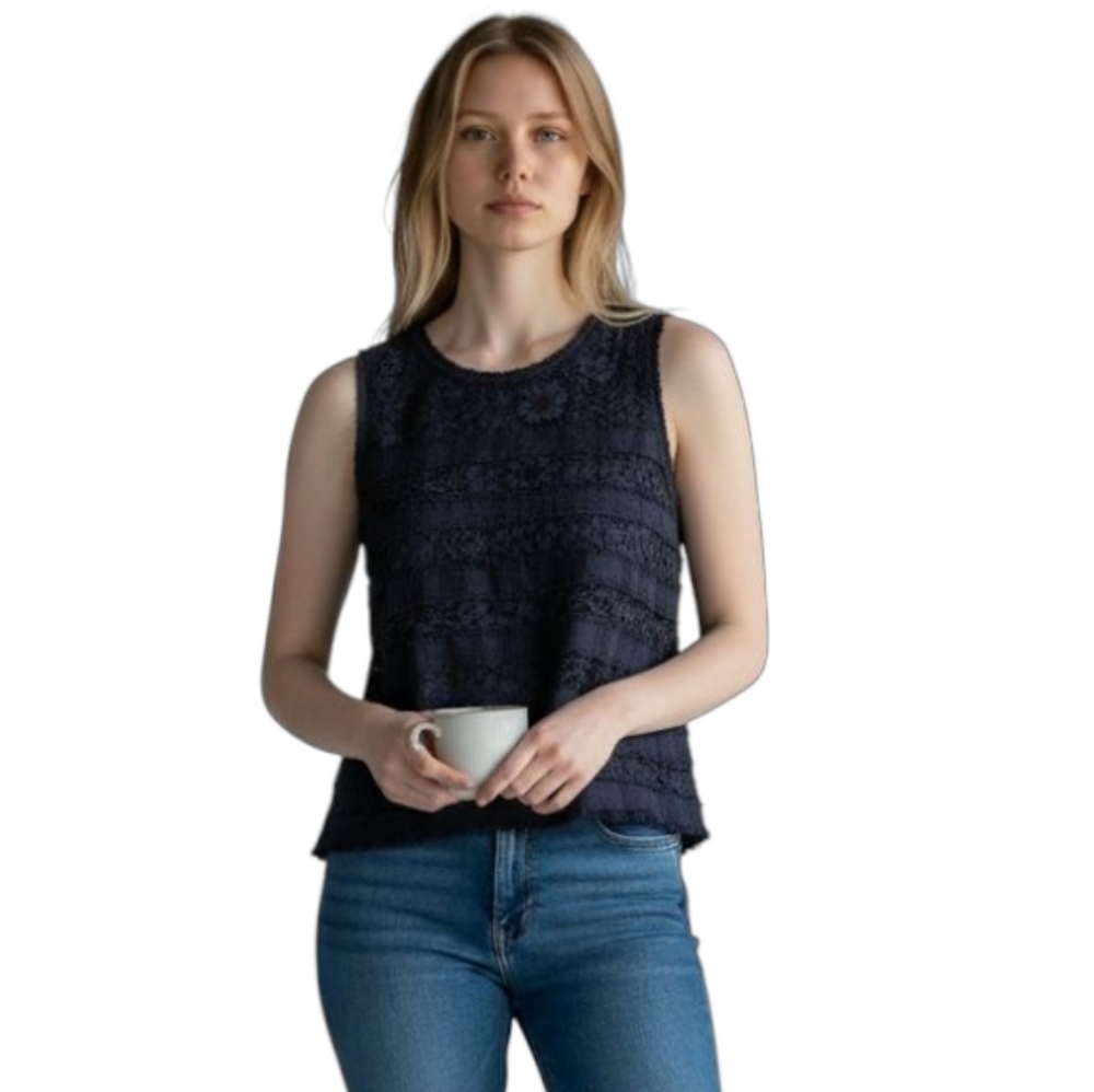 J Crew Navy Textured Fringe Tank Blouse Size Large
